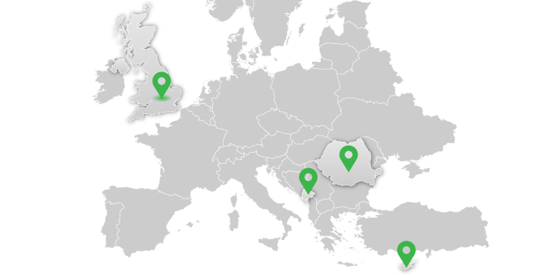 Europe map showing Chestertons properties in the United Kingdom, Romania, Montenegro and Cyprus
