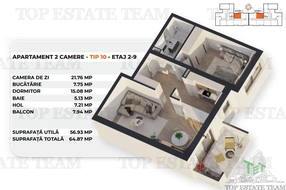 Apartament 2 camere in bloc nou | 64.87mp | Zona Antiaeriana - foto 2