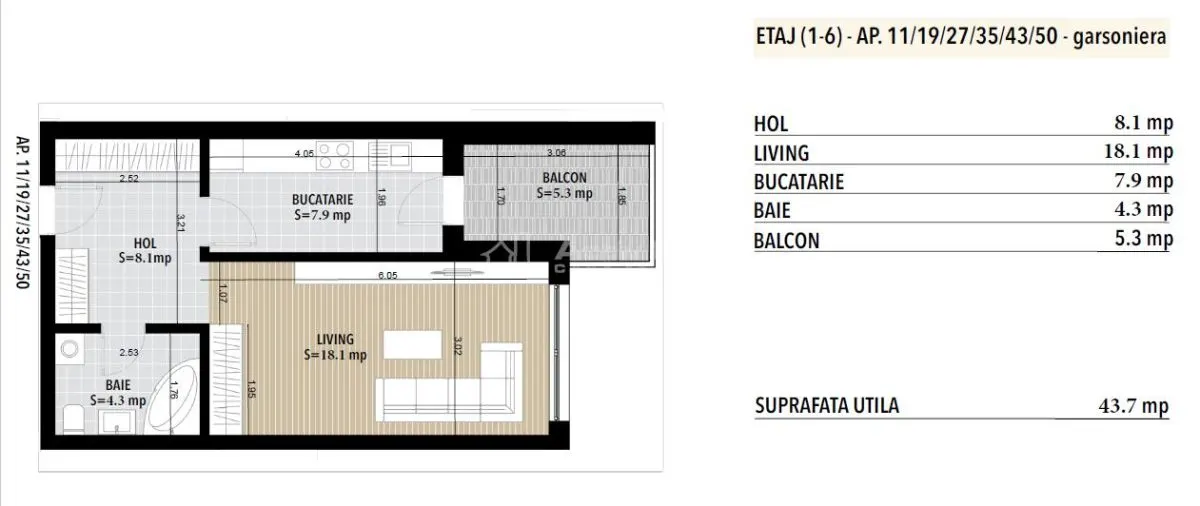 Studio with Separated Layout – 43.70 m² – Platinum Residence, Metalurgiei - foto 9
