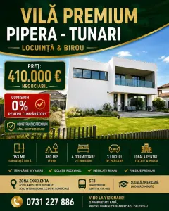 Vanzare – Casa - Vila - Premium Pipera - Tunari - Locuinta si Birou - HOME OFFICE - 380 mp teren – 410000E - COMISION 0% - Bucuresti