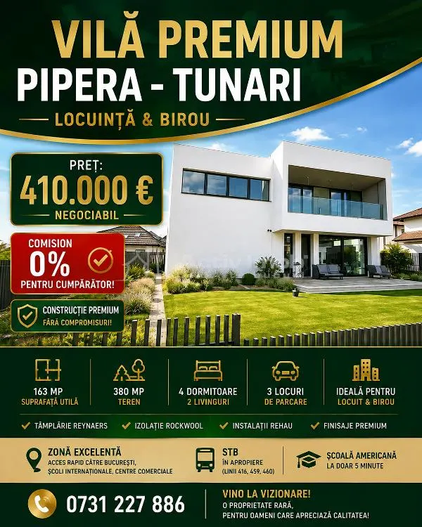 Vanzare – Casa - Vila - Premium Pipera - Tunari - Locuinta si Birou - HOME OFFICE - 380 mp teren – 410000E - COMISION 0% - foto 1
