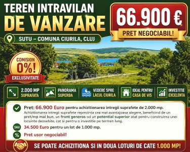 Vanzare - Teren intravilan - Cluj - Sutu - Comuna Ciurila – Teren 2000mp - Panorama superba catre Lacul Ciurila - 66900E - Comision 0 ! - Ciurila