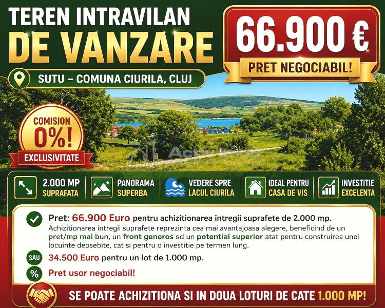 Vanzare - Teren intravilan - Cluj - Sutu - Comuna Ciurila – Teren 2000mp - Panorama superba catre Lacul Ciurila - 66900E - Comision 0 ! - foto 1