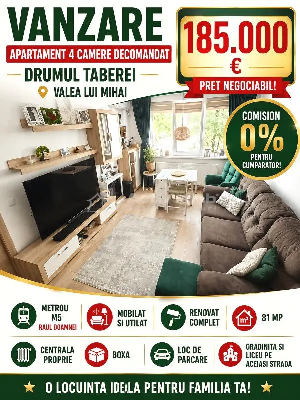 Vanzare - 4 camere - Drumul Taberei - Metrou Raul Doamnei - mobilat - utilat - 185000E - centrala proprie - loc de parcare - Comision 0 ! - foto 1