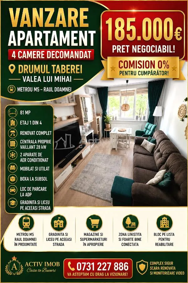 Vanzare - 4 camere - Drumul Taberei - Metrou Raul Doamnei - mobilat - utilat - 185000E - centrala proprie - loc de parcare - Comision 0 ! - foto 1