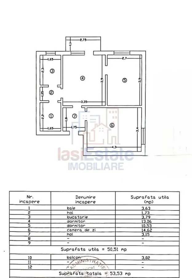 Apartament 3 camere, 54 mp, semidecomandat, etaj 3 - Podu Ros - foto 7