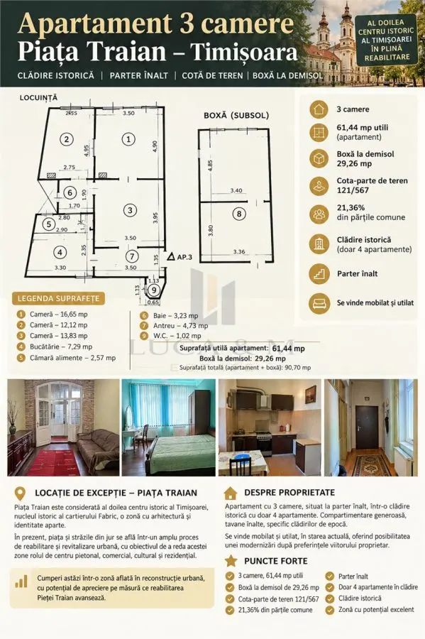 Appartement 3 Chambres Piata Traian | Immeuble Historique | 61.44 m² + Garage - foto 1